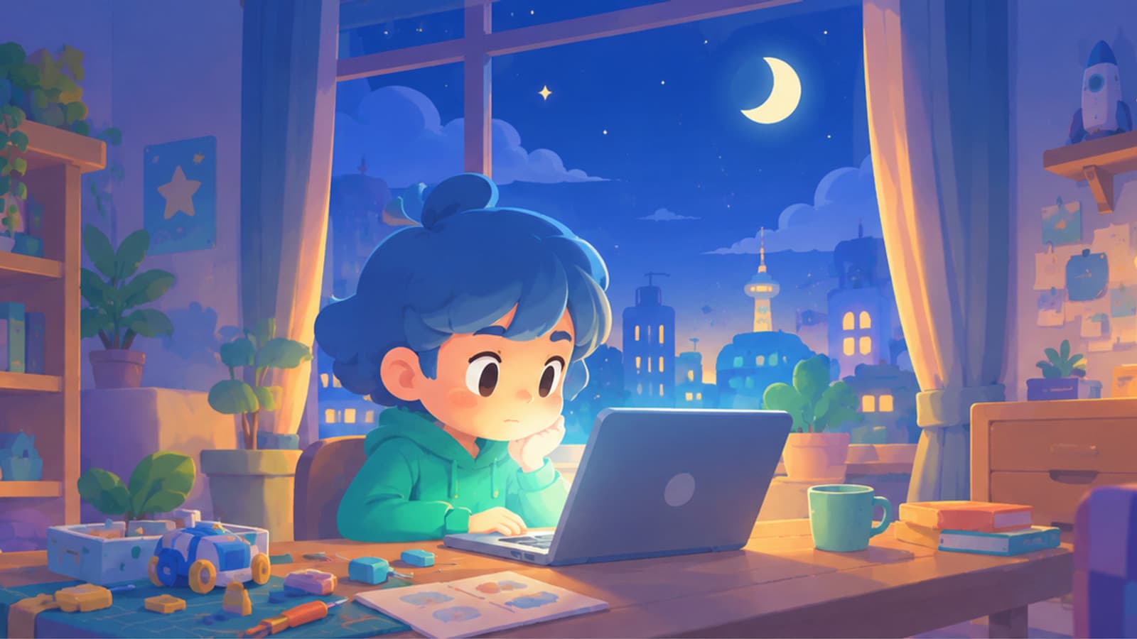 夜の部屋で、ひとりだけノートパソコンに向かっている人。手は止まっていて、机の端に作りかけのものが置いてある